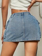 Lizakosht Trendy Street Tooling Style Flap Pocket Ribbon Details Slim Workwear Denim Mini Skirt High Street Clothing