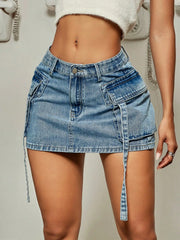 Lizakosht Trendy Street Tooling Style Flap Pocket Ribbon Details Slim Workwear Denim Mini Skirt High Street Clothing