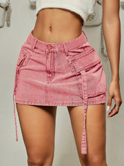 Lizakosht Trendy Street Tooling Style Flap Pocket Ribbon Details Slim Workwear Denim Mini Skirt High Street Clothing