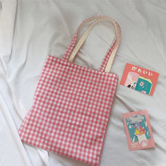 LIZAKOSHT - Women Cloth Eco Bag Korean Canvas Shoulder Large Shopping Bags Plaid Ladies Pouch Girls Book Handbags Bolsa Feminina Bolsa Tela