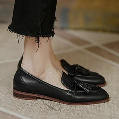 LIZAKOSHT - Retro Tassel bow-knot small leather shoes women loafers square toe low heels oxfords woman ins genuine leather fringe flats