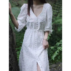 LIZAKOSHT  -  White Floral Embroidery Lace Dresses Women Robe Vintage Cotton V neck Autumn Maxi Dress Party Bohemian Vestidos
