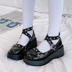 LIZAKOSHT - Lolita Shoes Gothic Chunky Star Buckle Mary Jane Shoes Cute Platform Cross-Tied Wedges Loli Thick Heel Casual Shoes Cosplay