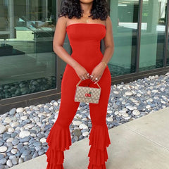 LIZAKOSHT  -  Women Strapless Bodycon Sexy Casual Jumpsuit Red Fashion New Backless Rompers Stacked Flared Pants Streetwear Overalls One Piece