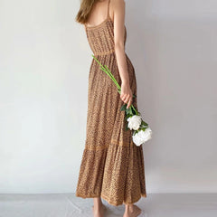 LIZAKOSHT - Rayon Leopard Print Long Strap Dresses Women Vintage Sleeveless Drawstring waist Summer Vestidos Boho Beach Dress