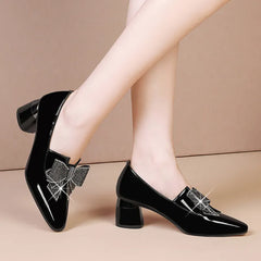 LIZAKOSHT Women Patent Leather Dress Shoes High Heels White Wedding Shoes Bridal Bling Bow Pumps Slip on Ladies Shoes Spring Autumn 9352 N