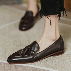LIZAKOSHT - Retro Tassel bow-knot small leather shoes women loafers square toe low heels oxfords woman ins genuine leather fringe flats