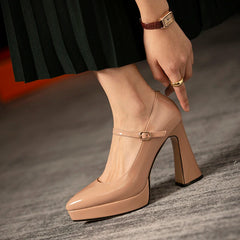 LIZAKOSHT - Cow Patent Leather Shoes Woman Thick Sole Platform Shoes High Heels Pumps Mary Janes Buckle Square Toe Summer Shoes Handmade