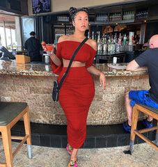 LIZAKOSHT - Casual Solid Lace Up Dress Set 2 Piece Outfit Sexy Off the Shoulder Flare Sleeve Backless Top Ruched Long Skirts Slim Streetwear