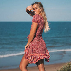 LIZAKOSHT - puff Print Short Sleeve Mini Dresses Women vintage red Floral Beach Summer Dress Boho beach cotton vestidos robe