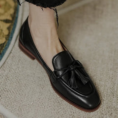 LIZAKOSHT - Retro Tassel bow-knot small leather shoes women loafers square toe low heels oxfords woman ins genuine leather fringe flats