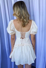 LIZAKOSHT  -  white mini dress women vintage short Puff Sleeve Cotton sexy backless lace up elegant ladies dresses summer vestidos