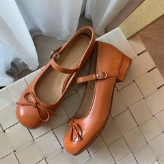 LIZAKOSHT - Women Mary Janes Shoes Genuine Leather Low Heel Pumps Bow Round Toe Female Shoes Block Heels Dress Footwear Orange 40