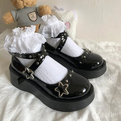 LIZAKOSHT - Lolita Shoes Gothic Chunky Star Buckle Mary Jane Shoes Cute Platform Cross-Tied Wedges Loli Thick Heel Casual Shoes Cosplay