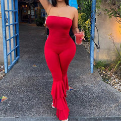 LIZAKOSHT  -  Women Strapless Bodycon Sexy Casual Jumpsuit Red Fashion New Backless Rompers Stacked Flared Pants Streetwear Overalls One Piece
