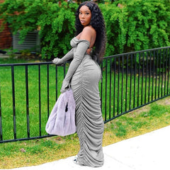 LIZAKOSHT - Casual Solid Lace Up Dress Set 2 Piece Outfit Sexy Off the Shoulder Flare Sleeve Backless Top Ruched Long Skirts Slim Streetwear