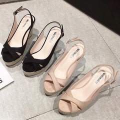 LIZAKOSHT - cross band peep toe platform sandals women brand straw bottom high heels summer wedges shoes woman flock gladiator sandalias