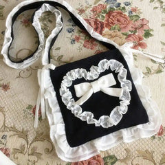 LIZAKOSHT - Japanese Lolita Soft Girl Folds Ruffled Lovely Peach Heart Bowknot Canvas Messenger Bag Campus Student Style Kawaii Girl Bag