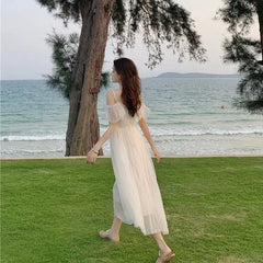 LIZAKOSHT - Summer Fairy Dress Women French Style Lace Chiffon Elegant Dress Casual Loose Sexy Chic Party Dress Women New Arrivals