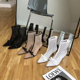 LIZAKOSHT Korean-Style Sexy Pointed Mesh Polka Dot Breathable Hollow Bow Stiletto Ankle Boots for Women
