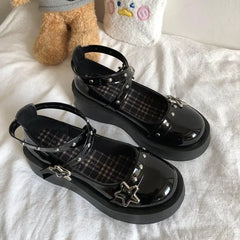 LIZAKOSHT - Lolita Shoes Gothic Chunky Star Buckle Mary Jane Shoes Cute Platform Cross-Tied Wedges Loli Thick Heel Casual Shoes Cosplay