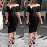 LIZAKOSHT - Summer Women Elegant Sexy Red Cocktail Midi Party Dress Solid Off Shoulder Short Sleeve Slim Fit Bodycon Dress