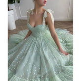 LIZAKOSHT - Mint Green Hearty Prom Dresses Tied Bow Straps Sweetheart Midi Prom Gowns Pockets Tea-Length Wedding Party Dresses