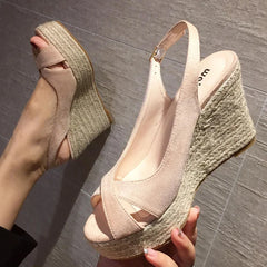 LIZAKOSHT - cross band peep toe platform sandals women brand straw bottom high heels summer wedges shoes woman flock gladiator sandalias