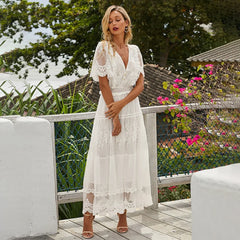 LIZAKOSHT Elegant Hollow Long Women Dress Summer Lace White Evening Dress Female V-Neck Short Sleeve Dress Semi-Sheer Casual Tunic Dress