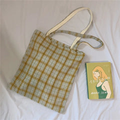 LIZAKOSHT - Women Lattice Cloth Shoulder Bag Cotton Large Capacity Plaid Daily Shopping Thick Book Bags Girls School Shopper Tote