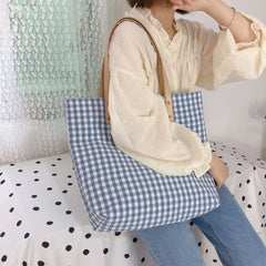 LIZAKOSHT - Korean Vintage Plaid Women Large Capacity Big Tote Cotton Fabric Eco Book Reusable Shoulder Bags Casual Girl Travel Handbag
