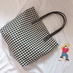 LIZAKOSHT - Korean Vintage Plaid Women Large Capacity Big Tote Cotton Fabric Eco Book Reusable Shoulder Bags Casual Girl Travel Handbag