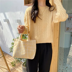 LIZAKOSHT - Portable Cotton Hemp Plaid Lunch Bag For Women Japanese Kids Bento Bags Breakfast Food Box Picnic Travel Small Tote Pouch