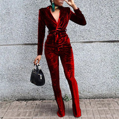 LIZAKOSHT  -  Women Retro Flare Pants Suit Office Blazer Solid Jackets Elegant Coats Female 2 Piece Sets Slim Outfit With Belt High Waist