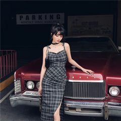 LIZAKOSHT - Punk Gothic Women Black Plaid Sexy Deep V-neck Dress Summer Elegant Fashion Dark Halter High Waist Split Dresses