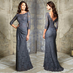 LIZAKOSHT - Lace Grey Mermaid Mother of the Bride Dress Long Sleeves Applique Floor Length Wedding Party Guest Formal Evening Prom Gown New