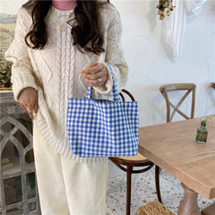 LIZAKOSHT - Portable Cotton Hemp Plaid Lunch Bag For Women Japanese Kids Bento Bags Breakfast Food Box Picnic Travel Small Tote Pouch