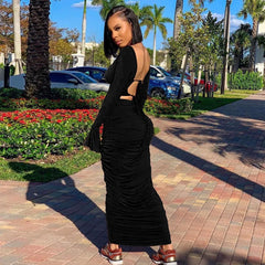 LIZAKOSHT - Casual Solid Lace Up Dress Set 2 Piece Outfit Sexy Off the Shoulder Flare Sleeve Backless Top Ruched Long Skirts Slim Streetwear