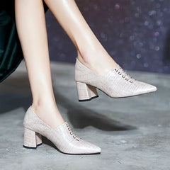 LIZAKOSHT - Chunky Heel Single Shoes Woman Pumps Women's High Heels Pointed toe Slip On Female Spring/Autumn Fashion Front Laces Black Beige