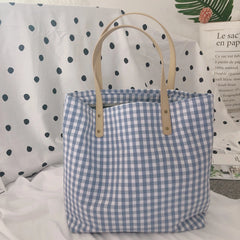 LIZAKOSHT - Korean Vintage Plaid Women Large Capacity Big Tote Cotton Fabric Eco Book Reusable Shoulder Bags Casual Girl Travel Handbag