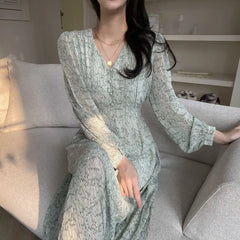 LIZAKOSHT - Women's Spring Summer Floral Print Casual Midi Dress Long Sleeve Elegant Slim Maxi Vestidos Female Fashion Party Clothes
