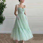 LIZAKOSHT - Mint Green Hearty Prom Dresses Tied Bow Straps Sweetheart Midi Prom Gowns Pockets Tea-Length Wedding Party Dresses