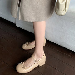 LIZAKOSHT - Women Mary Janes Shoes Genuine Leather Low Heel Pumps Bow Round Toe Female Shoes Block Heels Dress Footwear Orange 40