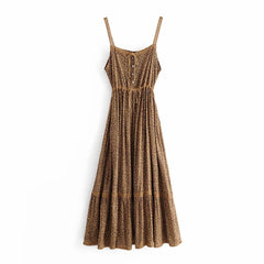 LIZAKOSHT - Rayon Leopard Print Long Strap Dresses Women Vintage Sleeveless Drawstring waist Summer Vestidos Boho Beach Dress