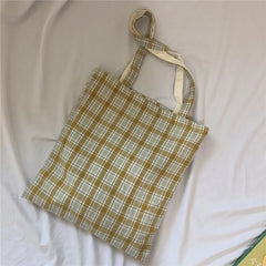 LIZAKOSHT - Women Lattice Cloth Shoulder Bag Cotton Large Capacity Plaid Daily Shopping Thick Book Bags Girls School Shopper Tote