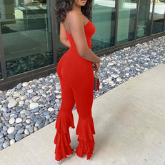 LIZAKOSHT  -  Women Strapless Bodycon Sexy Casual Jumpsuit Red Fashion New Backless Rompers Stacked Flared Pants Streetwear Overalls One Piece