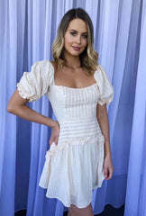 LIZAKOSHT  -  white mini dress women vintage short Puff Sleeve Cotton sexy backless lace up elegant ladies dresses summer vestidos