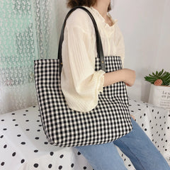 LIZAKOSHT - Korean Vintage Plaid Women Large Capacity Big Tote Cotton Fabric Eco Book Reusable Shoulder Bags Casual Girl Travel Handbag