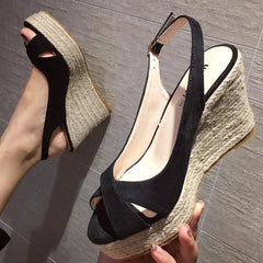 LIZAKOSHT - cross band peep toe platform sandals women brand straw bottom high heels summer wedges shoes woman flock gladiator sandalias