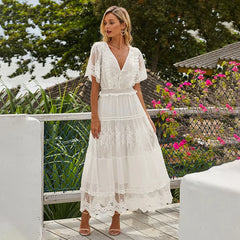 LIZAKOSHT Elegant Hollow Long Women Dress Summer Lace White Evening Dress Female V-Neck Short Sleeve Dress Semi-Sheer Casual Tunic Dress